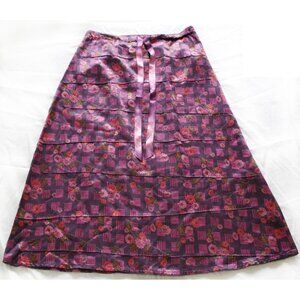 Vintage April Cornell Purple Satin A-line Midi Skirt Floral L